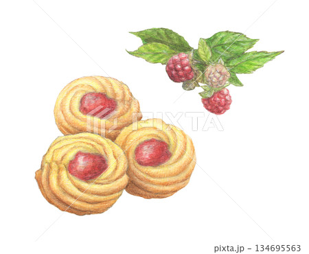 ラズベリージャムクッキーと葉付きのラズベリー 水彩色鉛筆イラスト ラズベリージャムクッキーと葉付きのラズベリー 水彩色鉛筆イラスト 134695563
