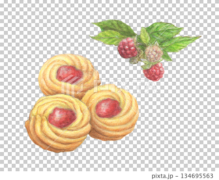 覆盆子果醬餅乾和覆盆子葉水彩鉛筆插圖 134695563