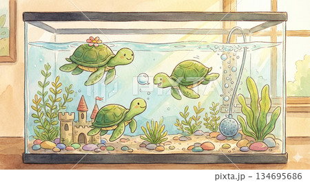 水槽の中の、ミドリガメ 134695686