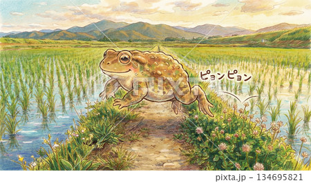 田んぼで、飛び跳ねるカエル。 田んぼで、飛び跳ねるカエル。 134695821