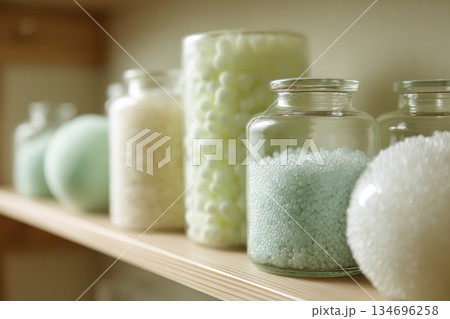 Ecological inventory of glass jars containing biodegradable material granules showing green conservation concept on wooden shelf 134696258