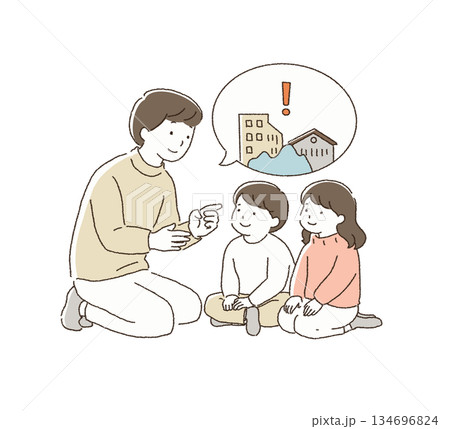 子どもに避難の話をする親 子どもに避難の話をする親 134696824