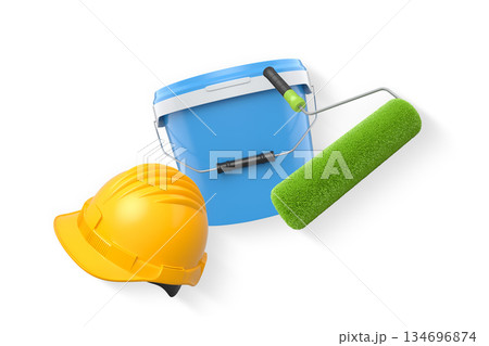 Construction helmet, paint roller, brush and paint bucket isolated on white background, representing painting and renovation tools Construction helmet, paint roller, brush and paint bucket isolated on white background, representing painting and renovation tools 134696874