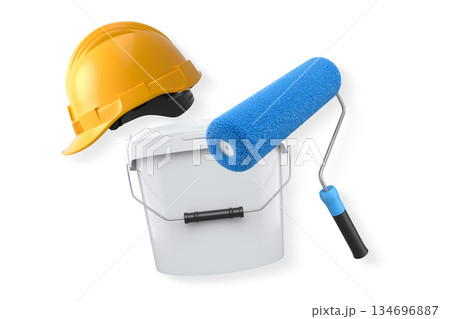 Construction helmet, paint roller, brush and paint bucket isolated on white background, representing painting and renovation tools Construction helmet, paint roller, brush and paint bucket isolated on white background, representing painting and renovation tools 134696887