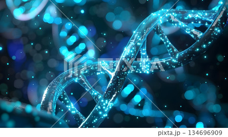 青い光のDNA二重らせん、高精細医療・科学イメージ 134696909