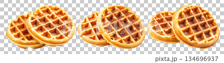 Close-up of two crispy golden waffles stacked together isolated on white background, concept of breakfast and sweet food Close-up of two crispy golden waffles stacked together isolated on white background, concept of breakfast and sweet food 134696937