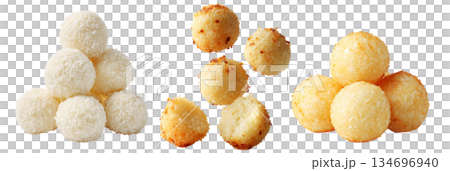 Set of sweet  coconut Cassava dessert balls covered in shredded coconut, isolated on white transparent background 134696940