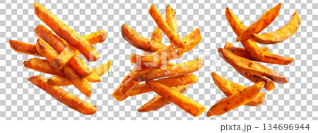 Set of Kumara sweet potato fries with black pepper and herbs, isolated on white background, concept of New Zealand fast food snack Set of Kumara sweet potato fries with black pepper and herbs, isolated on white background, concept of New Zealand fast food snack 134696944