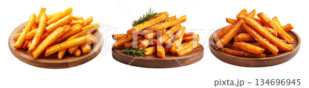 Set of Kumara sweet potato fries with black pepper and herbs on wooden plate, on white, concept of New Zealand fast food snack 134696945