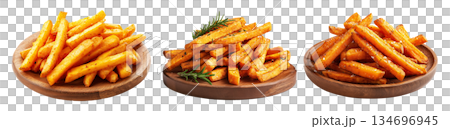 Set of Kumara sweet potato fries with black pepper and herbs on wooden plate, on white, concept of New Zealand fast food snack 134696945