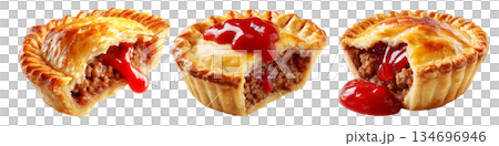 Set of Australia meat pie filled with minced meat  and topped with ketchup, isolated on white transparent background 134696946