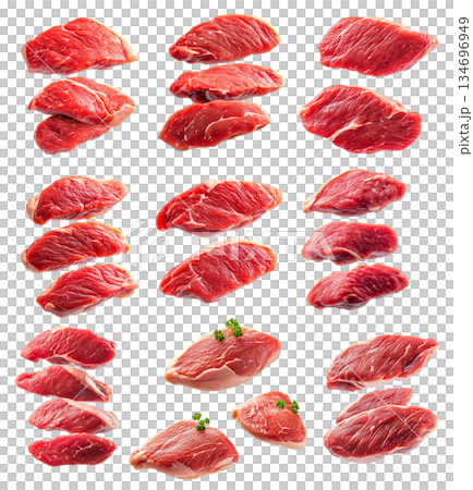 Set of pieces of fresh Chicken breast cut, isolated on white background, showcasing culinary concept 134696949