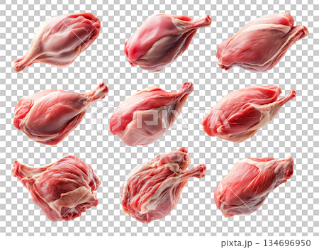 Set of fresh Duck thigh cut, isolated on white background, showcasing culinary concept Set of fresh Duck thigh cut, isolated on white background, showcasing culinary concept 134696950