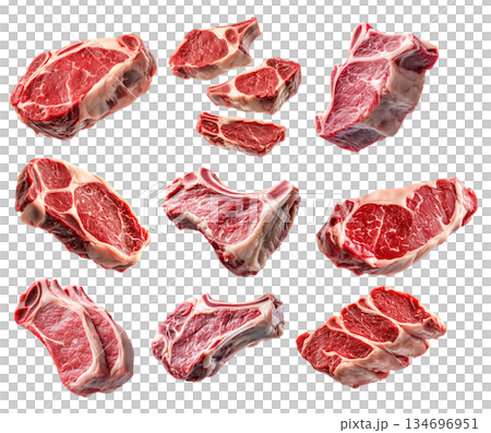 Set of fresh Lamb chop cut, isolated on white background, showcasing culinary concept 134696951