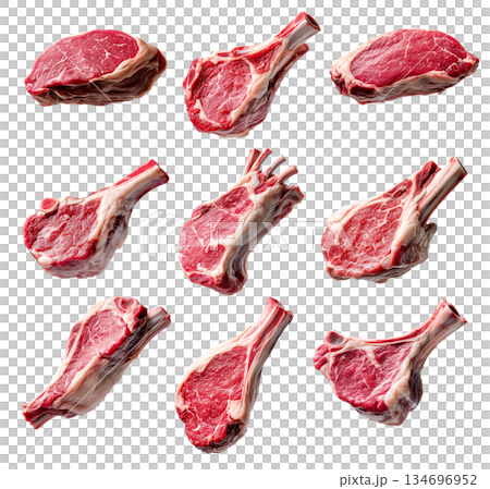 Set of fresh Lamb chop cut, isolated on white background, showcasing culinary concept Set of fresh Lamb chop cut, isolated on white background, showcasing culinary concept 134696952