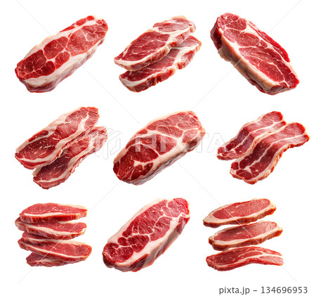 Set of of fresh pork slices displayed isolated on white background, showcasing texture and quality 134696953