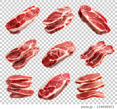 Set of of fresh pork slices displayed isolated on white background, showcasing texture and quality 134696953