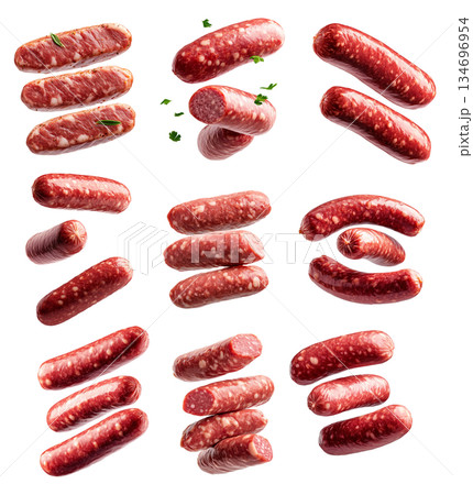 Set of raw pork sausages isolated on white background, concept of culinary ingredients 134696954