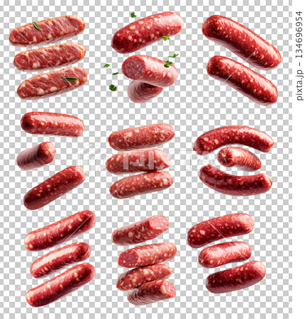 Set of raw pork sausages isolated on white background, concept of culinary ingredients 134696954