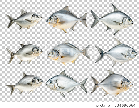 Set of silver Pomfret fish with striking details of fins and scales isolated on white Transparent background. Set of silver Pomfret fish with striking details of fins and scales isolated on white Transparent background. 134696964