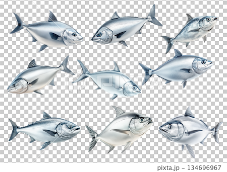 Set of silver tuna fish with smooth scales, sharp fins and a sleek body isolated on white transparent background 134696967
