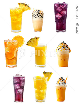 Pineapple juice and ice cubes, Bubble tea drink with tapioca pearls and Grape soda cocktail isolated on white background Pineapple juice and ice cubes, Bubble tea drink with tapioca pearls and Grape soda cocktail isolated on white background 134696970