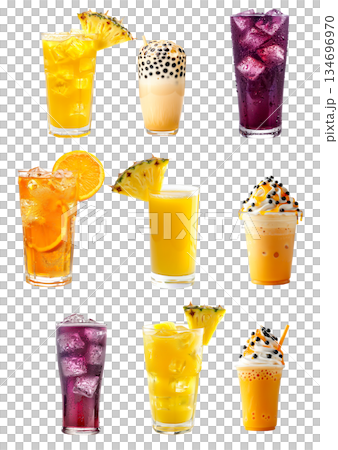 Pineapple juice and ice cubes, Bubble tea drink with tapioca pearls and Grape soda cocktail isolated on white background 134696970