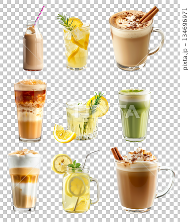 Cocktail or lemonade with lemon and lime, creamy matcha chai latte, milk tea isolated on white transparent background Cocktail or lemonade with lemon and lime, creamy matcha chai latte, milk tea isolated on white transparent background 134696971