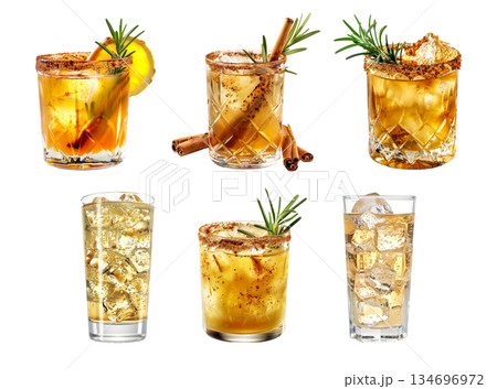 Ginger ale with ice cubes and lime at the rim isolated on white transparent background. Ginger ale with ice cubes and lime at the rim isolated on white transparent background. 134696972