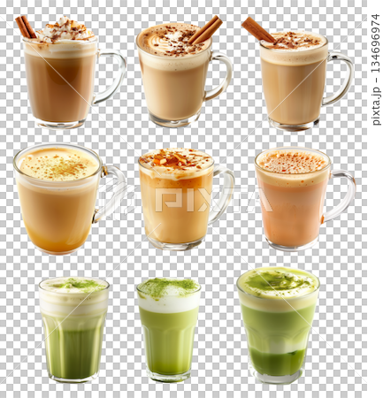 Cup of rich creamy matcha or chai latte with fluffy whipped cream and a sprinkle of cinnamon Cup of rich creamy matcha or chai latte with fluffy whipped cream and a sprinkle of cinnamon 134696974
