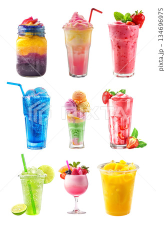 A colorful slushie summer drink, Strawberry smoothie garnished with mint leaves isolated on white 134696975