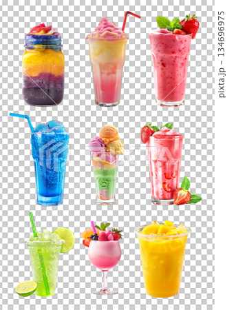 A colorful slushie summer drink, Strawberry smoothie garnished with mint leaves isolated on white 134696975