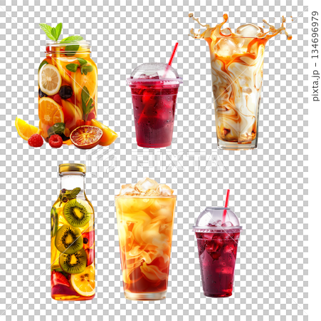 Hibiscus ice tea, Thai iced tea and fruit tea blend of berries, citrus slices and mint leaves isolated on white 134696979