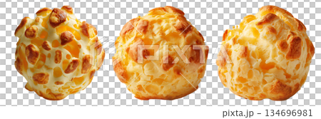 Small cheesy bread ball with golden crust and holes, isolated on white background, concept of Brazil Pao de Queijo food 134696981