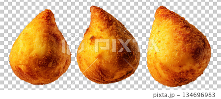 Fried Brazilian coxinhas cone snack filled shredded chicken cheese with golden crispy texture isolated on white background 134696983