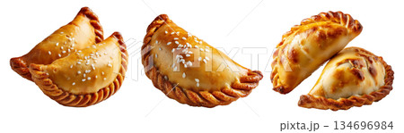 Fried baked pastry empanadas filled with ground beef cheese ham and crimped edges, isolated on white background 134696984