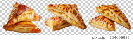 Flaky filled puff pastries pocket with melted cheese oozing out, isolated on white background, concept of Brazil snack 134696985