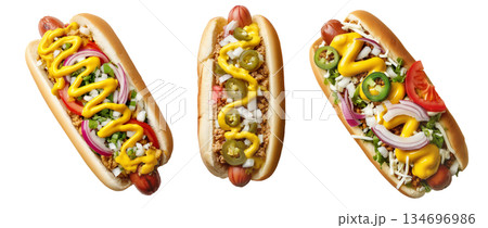 Colombia Perro Caliente Hot Dog Colombiano topped with mustard, red onions, pickles, tomatoes, isolated on white background 134696986