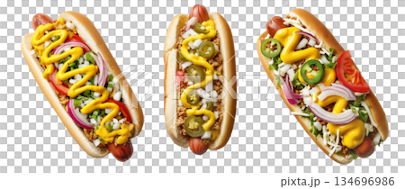 Colombia Perro Caliente Hot Dog Colombiano topped with mustard, red onions, pickles, tomatoes, isolated on white background Colombia Perro Caliente Hot Dog Colombiano topped with mustard, red onions, pickles, tomatoes, isolated on white background 134696986