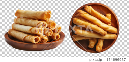 Fried cheese sticks wrapped in dough or spring rolls stacked in pile, isolated on white background, concept of Venezuela snack 134696987