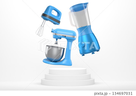 Set of kitchen appliances including blender, mixer, toaster, and hand mixer, floating over podium on abstract background 134697031