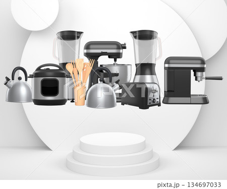 Set of kitchen appliances and utensils floating in mid-air over podium and abstract background, modern cooking concepts 134697033