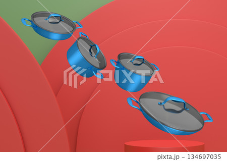 Set of kitchen cookware set with lids floating in midair, over colorfull podium and backdrop, concept of premium utensils Set of kitchen cookware set with lids floating in midair, over colorfull podium and backdrop, concept of premium utensils 134697035