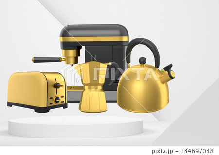 Assorted kitchen appliances including toaster, kettle and coffee maker over podium on abstract background 134697038