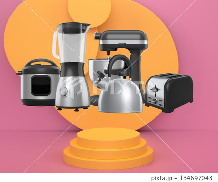Set of kitchen appliances and utensils floating in mid-air over podium and abstract background, modern cooking concepts 134697043