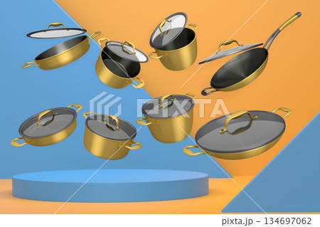 Set of kitchen cookware set with lids floating in midair, over colorfull podium and backdrop, concept of premium utensils 134697062