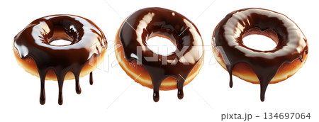 Tasty chocolate glazed donut with crunchy sprinkles isolated on white background. Tasty chocolate glazed donut with crunchy sprinkles isolated on white background. 134697064