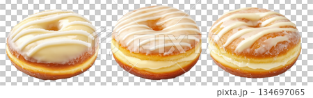 Delicious glazed donut with creamy custard filling and powdered sugar topping shown isolated on white background 134697065