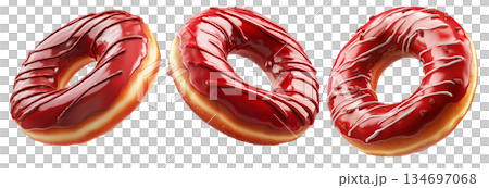 Delicious red glazed donut with chocolate drizzle and sprinkles, isolated on white transparent background Delicious red glazed donut with chocolate drizzle and sprinkles, isolated on white transparent background 134697068