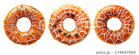 Delicious donut topped with caramel glaze and white spiderweb icing pattern, isolated on white transparent background Delicious donut topped with caramel glaze and white spiderweb icing pattern, isolated on white transparent background 134697069
